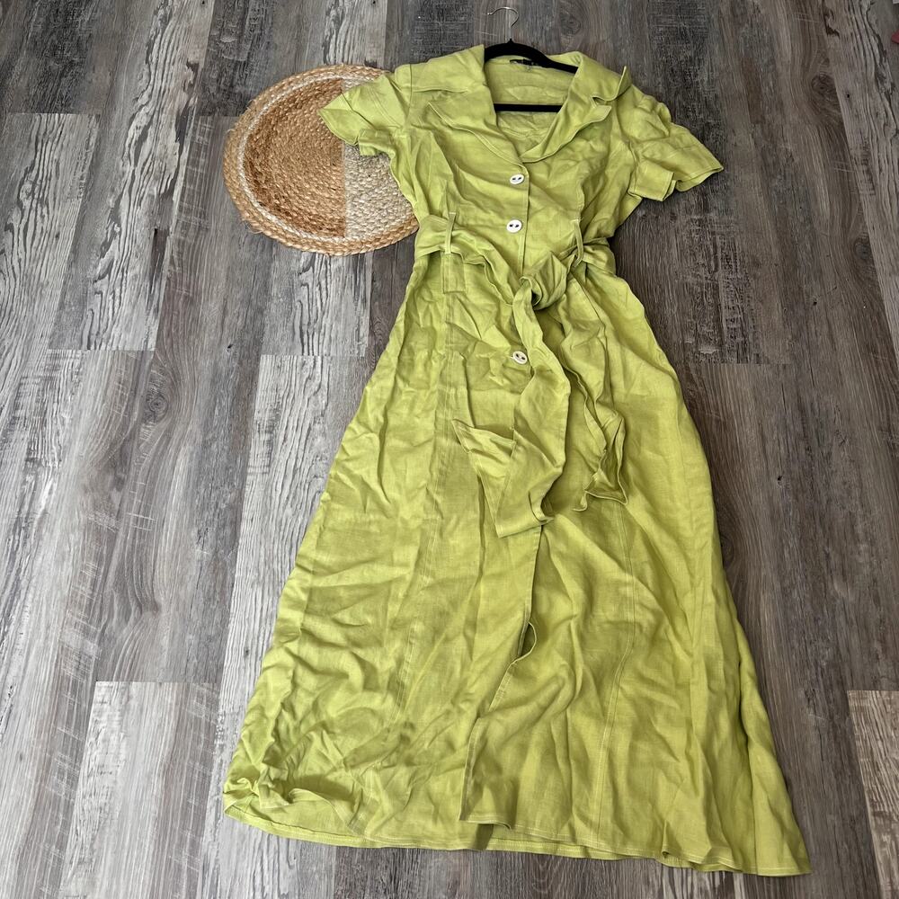 MAGGY L Vtg Linen Short-Sleeve Collared Maxi Shirt Dress Tie-Belt Waist